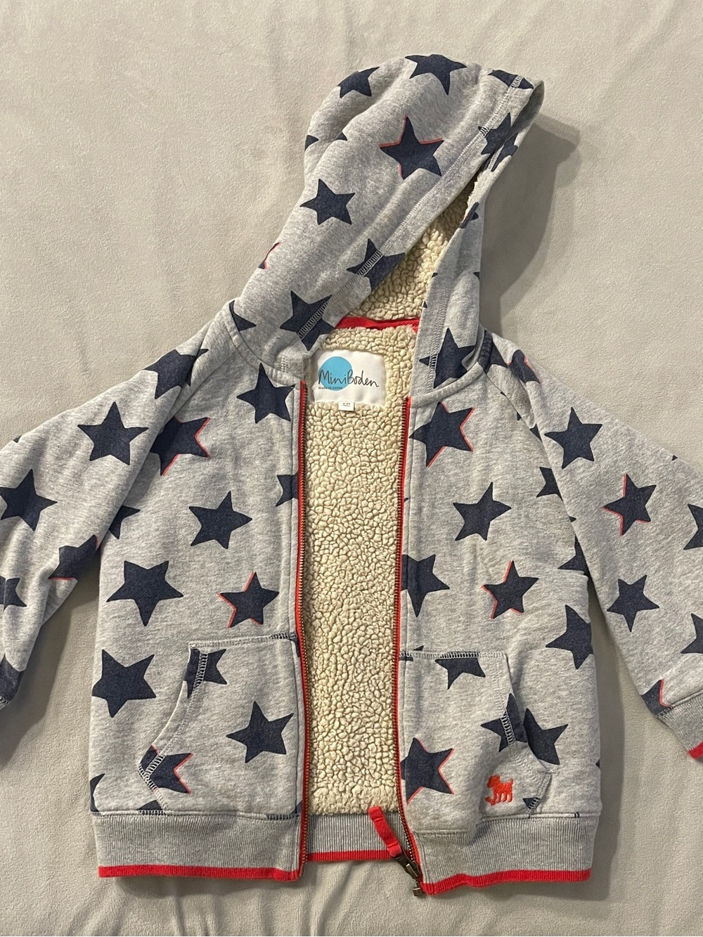 Mini Boden Gray Hooded Puffer Jacket with Navy Stars and Red Trim